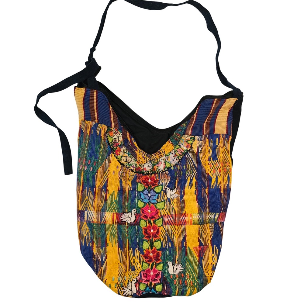 Guatemalan Huipil Embroidered Hobo Bag Floral Bird Woven Shoulder Bag Multi